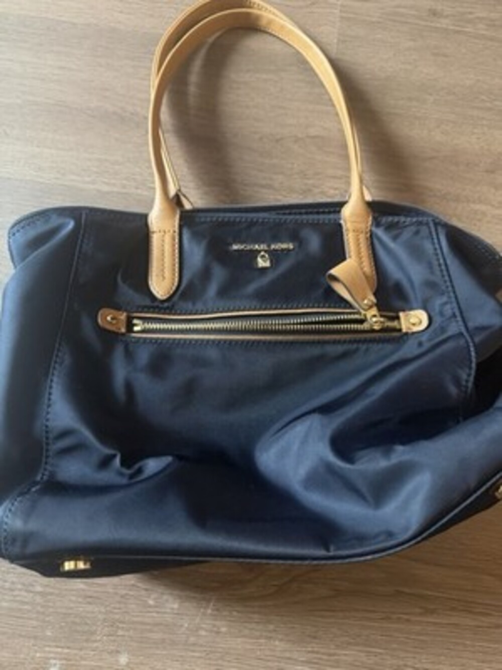 Michael Kors Navy Tan Tote Bag Gold Hardware Double Leather Handles Zip